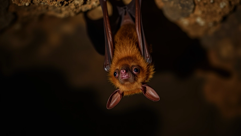 Murciélago pequeño colgado en caverna, orejas grandes para ecolocalización, ambiente subterráneo oscuro