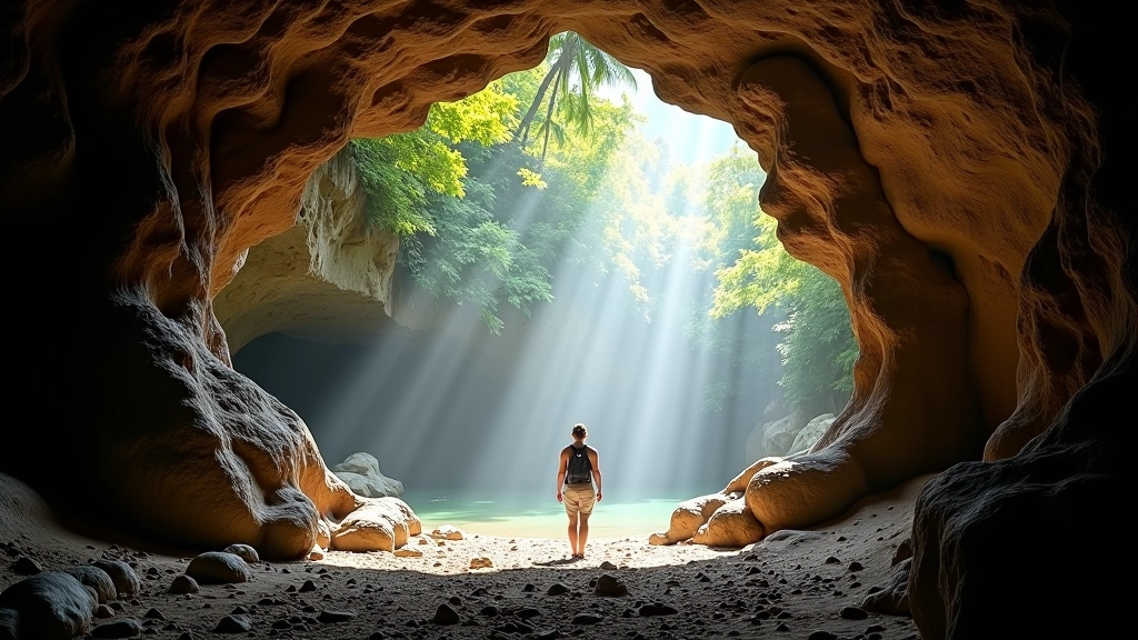 Vista frontal de la entrada de la caverna con luz natural filtrándose a través de la abertura rocosa