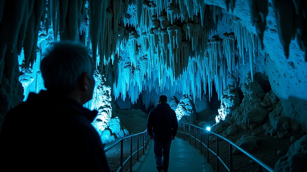 Interior de cueva con estalactitas colgantes, luz suave iluminando formaciones de calcita, sendero marcado en el piso, barandillas metálicas visibles para seguridad de visitantes