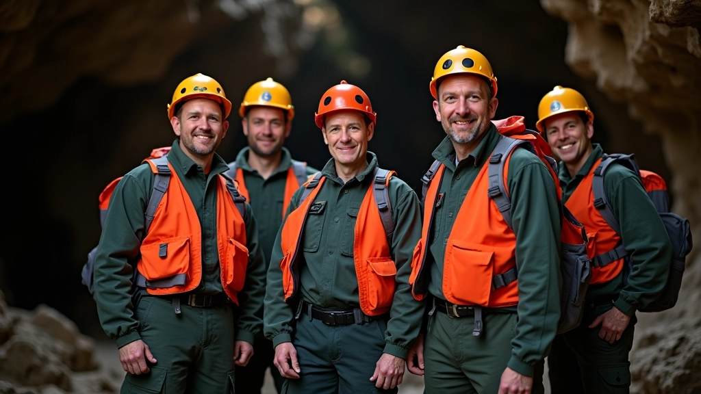Equipo de guías espeleológicos de diferentes edades en uniforme de trabajo dentro de la cueva