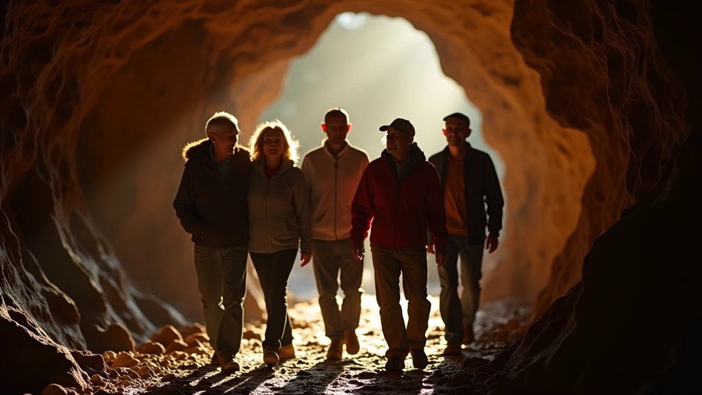 Grupo de personas mayores caminando dentro de la cueva con iluminación ambiental, sonriendo y explorando