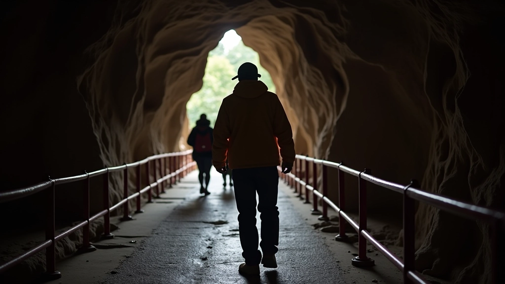 Sendero dentro de caverna con barandillas de seguridad y personas caminando