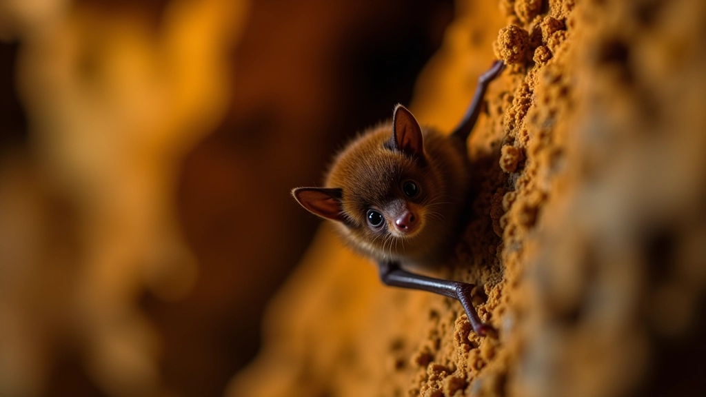 Murciélago pequeño en la pared de roca, cueva oscura con iluminación suave, ambiente natural sin perturbación, flora subterránea mínima visible