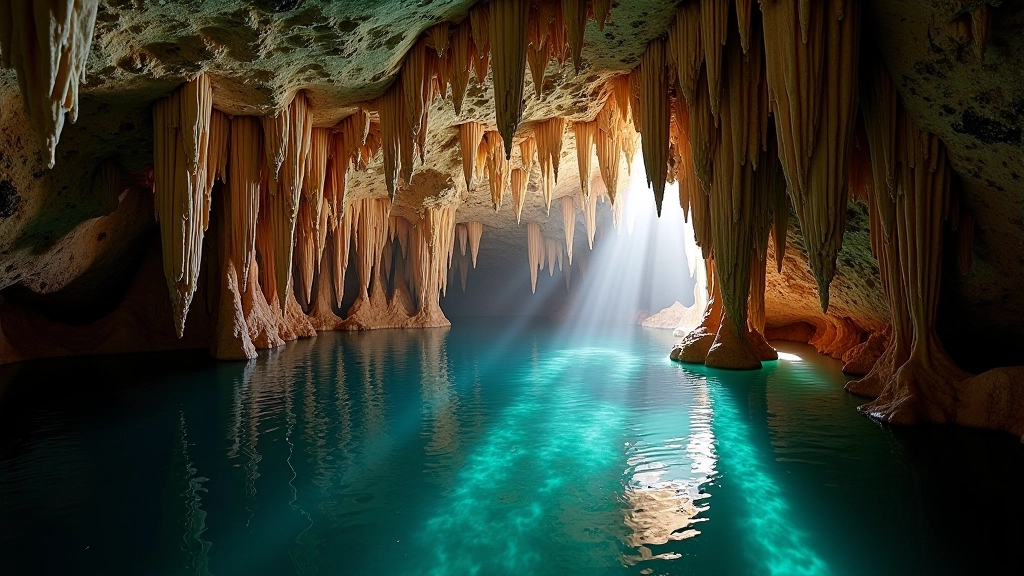 Formaciones de estalactitas y estalagmitas con iluminación que resalta detalles de cristal, lagos subterráneos reflejando luz, ambiente de catedral natural en caverna